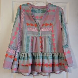 Colorful Geometric Patterned Peplum Blouse Size M